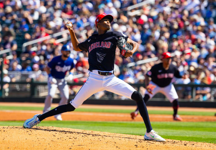 Mar 11, 2024; Goodyear, Arizona, USA; Cleveland Guardians pitcher Triston McKenzie against the Los Angeles Dodgers during a spring training game at Goodyear Ballpark. Mandatory Credit: Mark J. Rebilas-USA TODAY Sports